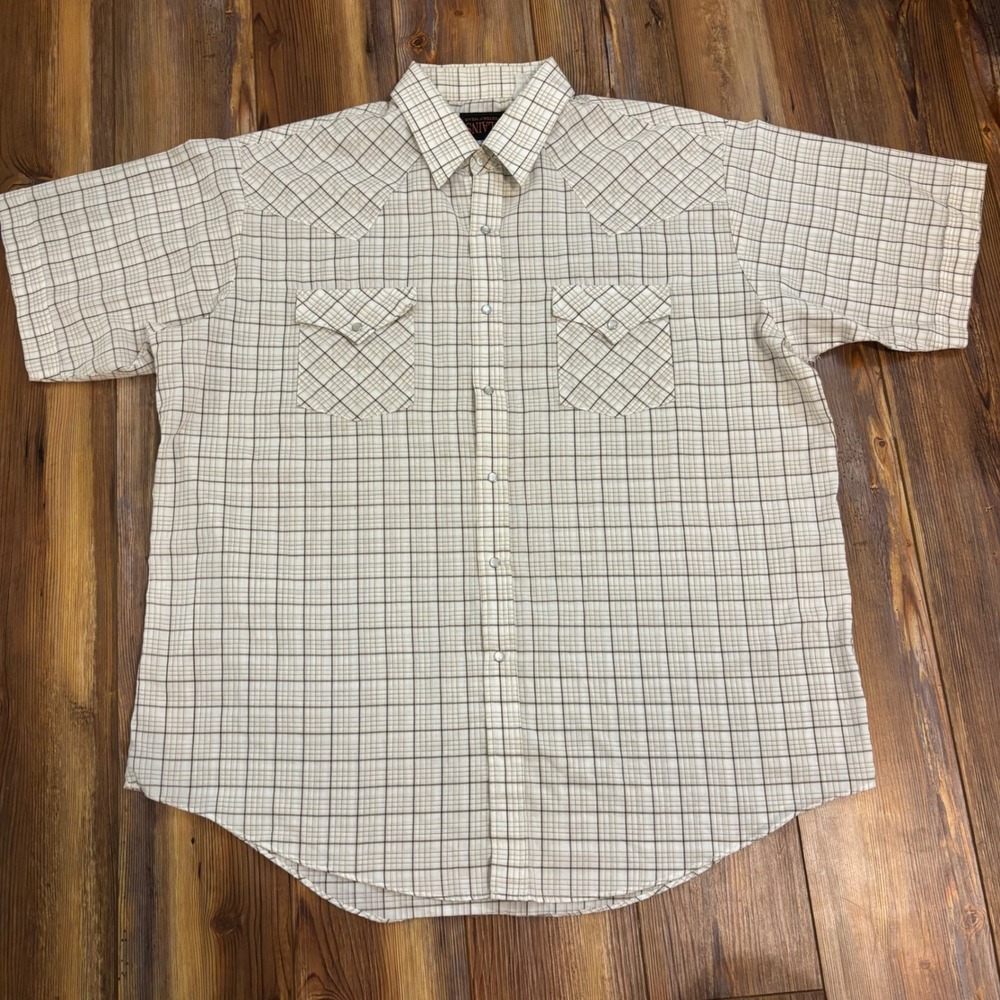 Vintage Plains Western Wear Mens XL Short Sleeve Plaid Pearl Snap Western Shirt